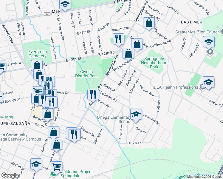 map of restaurants, bars, coffee shops, grocery stores, and more near 1112 Mansell Avenue in Austin