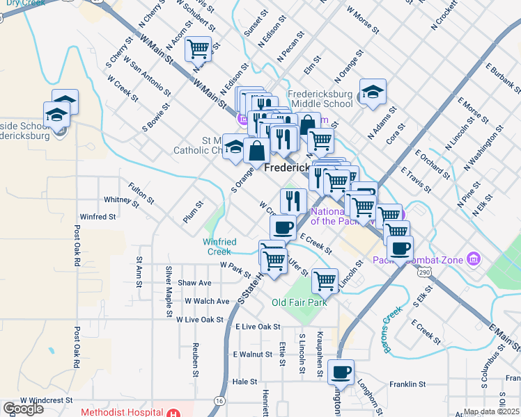 map of restaurants, bars, coffee shops, grocery stores, and more near 211 W Creek St in Fredericksburg