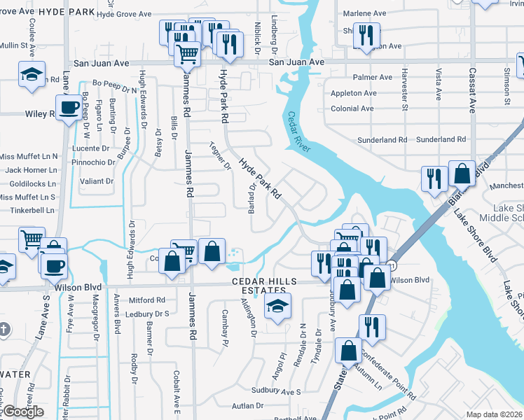 map of restaurants, bars, coffee shops, grocery stores, and more near 2354 Barlad Drive in Jacksonville
