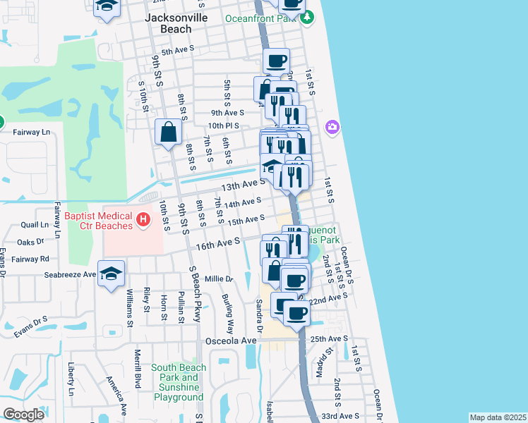 map of restaurants, bars, coffee shops, grocery stores, and more near 504 14th Avenue South in Jacksonville Beach