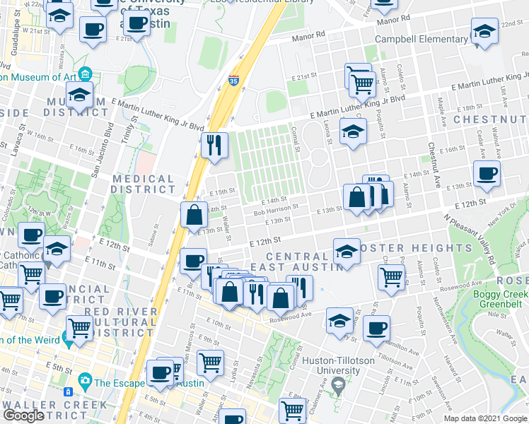 map of restaurants, bars, coffee shops, grocery stores, and more near San Bernard St & Bob Harrison Ave in Austin
