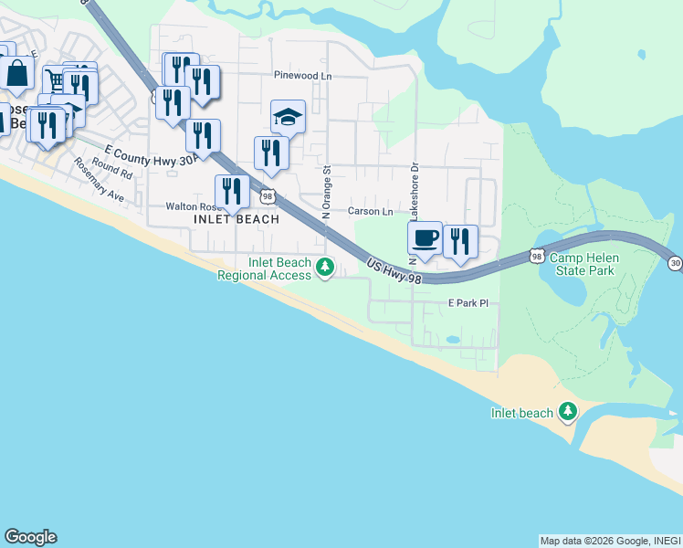 map of restaurants, bars, coffee shops, grocery stores, and more near 220 West Park Place Avenue in Walton County