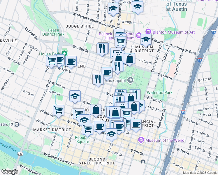 map of restaurants, bars, coffee shops, grocery stores, and more near in Austin