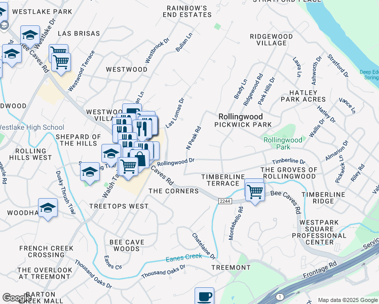 map of restaurants, bars, coffee shops, grocery stores, and more near 3 North Peak Road in West Lake Hills
