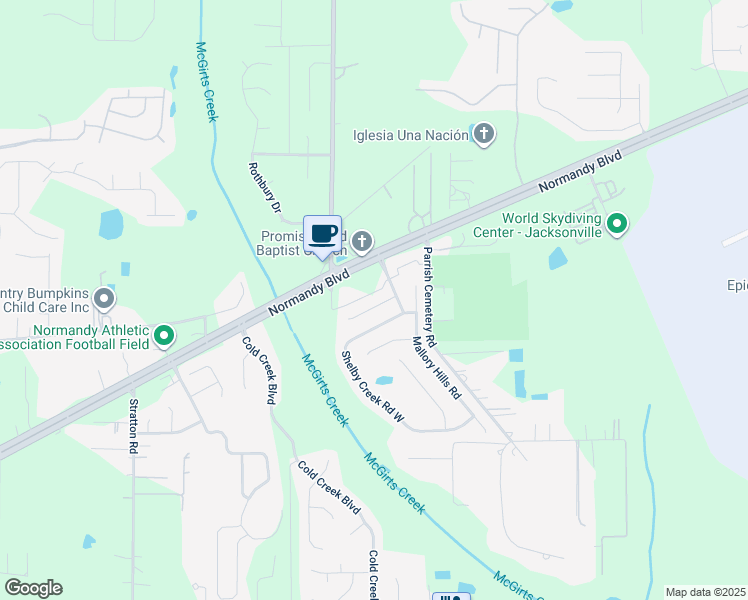 map of restaurants, bars, coffee shops, grocery stores, and more near 10231 Sugar Grove Road in Jacksonville