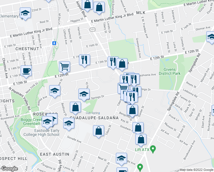 map of restaurants, bars, coffee shops, grocery stores, and more near 1100 Harvey Street in Austin