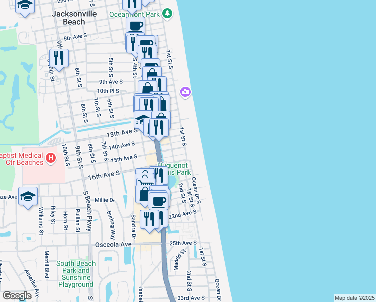 map of restaurants, bars, coffee shops, grocery stores, and more near 1505 1st Street South in Jacksonville Beach