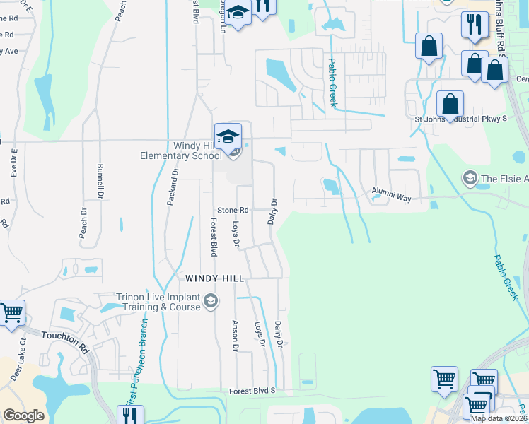 map of restaurants, bars, coffee shops, grocery stores, and more near 10517 Stone Road in Jacksonville