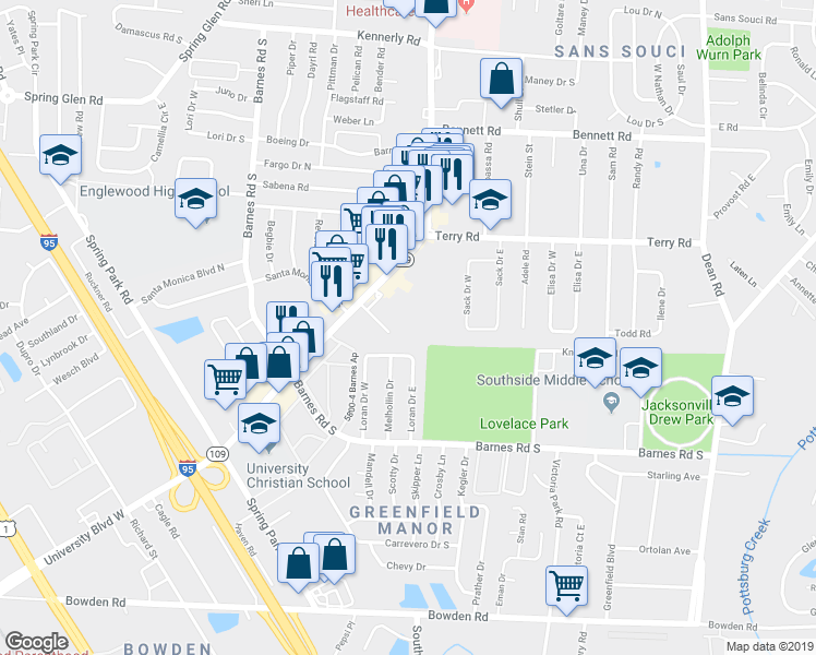 map of restaurants, bars, coffee shops, grocery stores, and more near 6090 Terry Road in Jacksonville