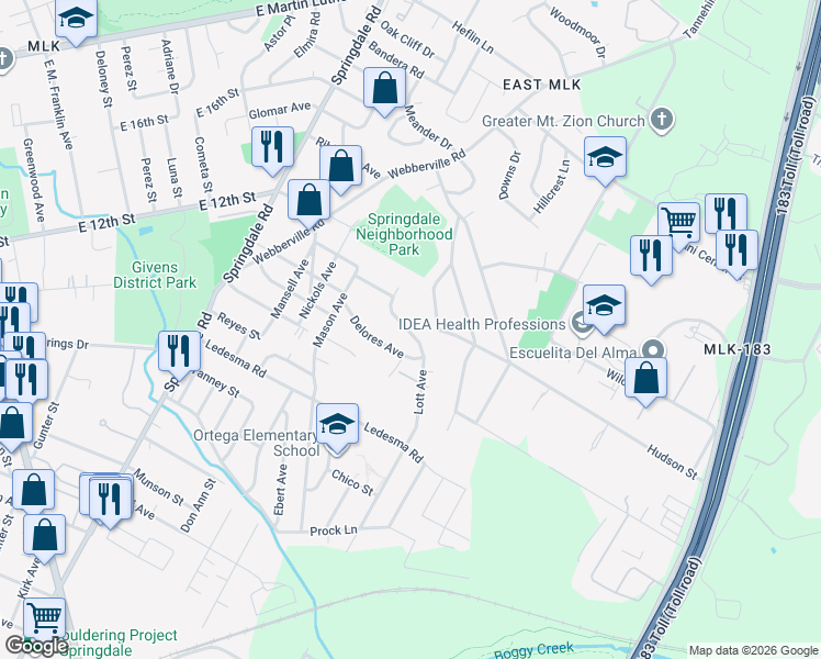 map of restaurants, bars, coffee shops, grocery stores, and more near 1151 Lott Avenue in Austin