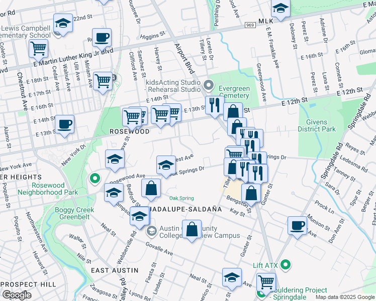 map of restaurants, bars, coffee shops, grocery stores, and more near 1177 Oak Grove Avenue in Austin