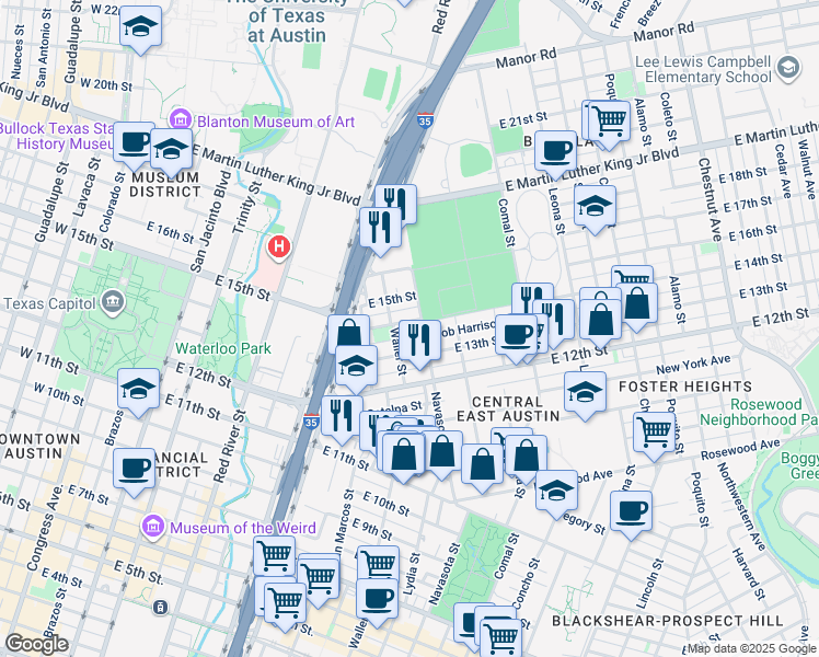 map of restaurants, bars, coffee shops, grocery stores, and more near 1204 Bob Harrison Street in Austin