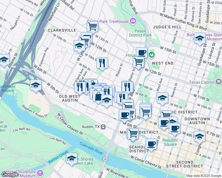 map of restaurants, bars, coffee shops, grocery stores, and more near 1205 West 8th Street in Austin