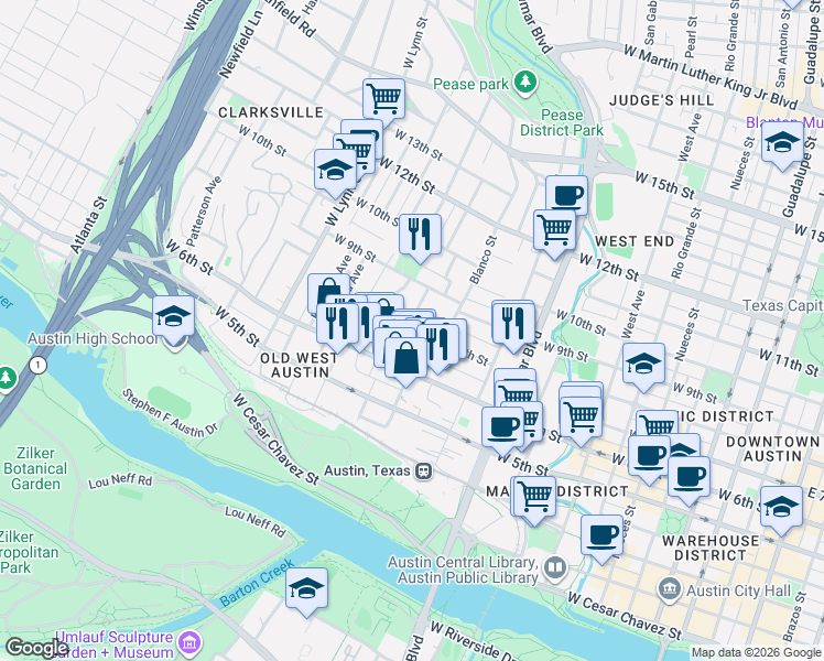 map of restaurants, bars, coffee shops, grocery stores, and more near 711 Brownlee Circle in Austin