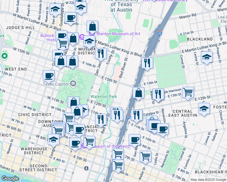 map of restaurants, bars, coffee shops, grocery stores, and more near 1313 Red River Street in Austin