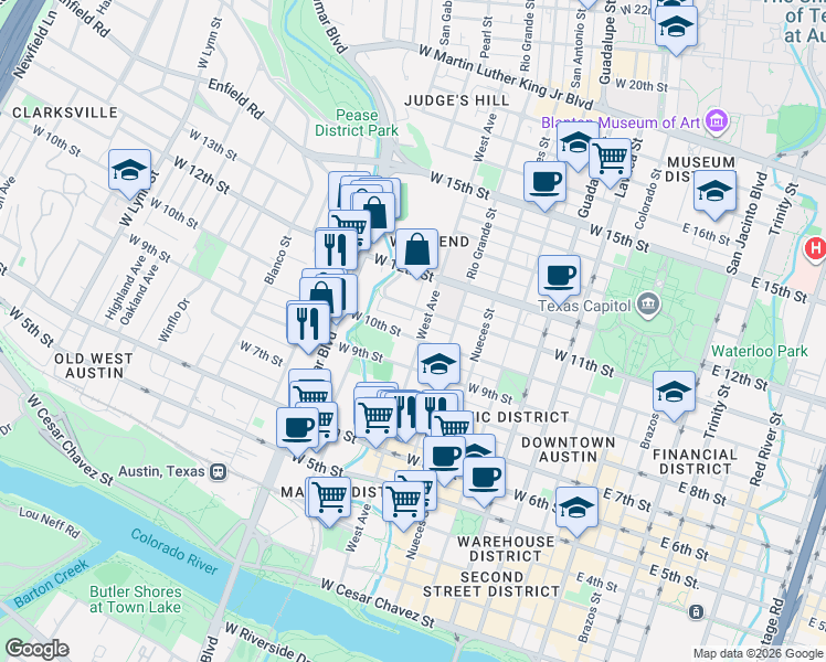 map of restaurants, bars, coffee shops, grocery stores, and more near 1000 West Ave in Austin