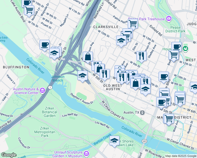 map of restaurants, bars, coffee shops, grocery stores, and more near 1611-1621 West 5th Street in Austin