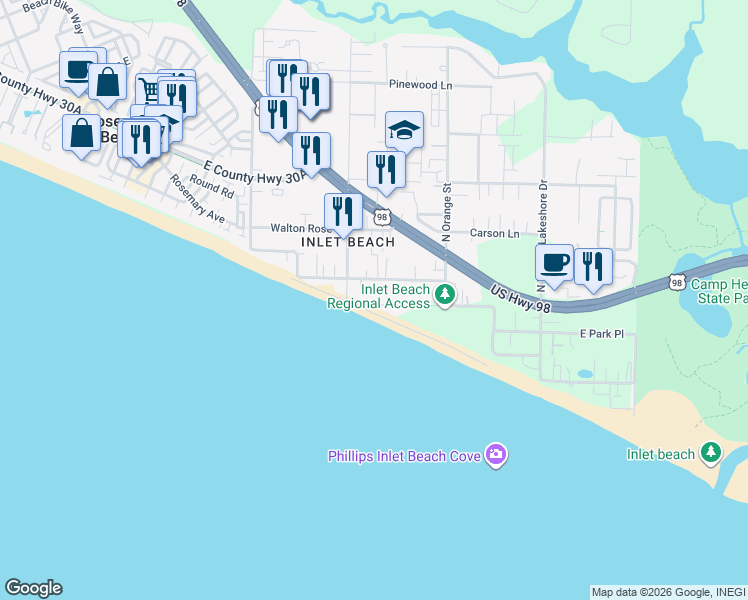 map of restaurants, bars, coffee shops, grocery stores, and more near 492 West Park Place Avenue in Walton County