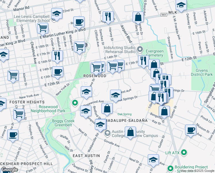 map of restaurants, bars, coffee shops, grocery stores, and more near 1185 Pandora Street in Austin