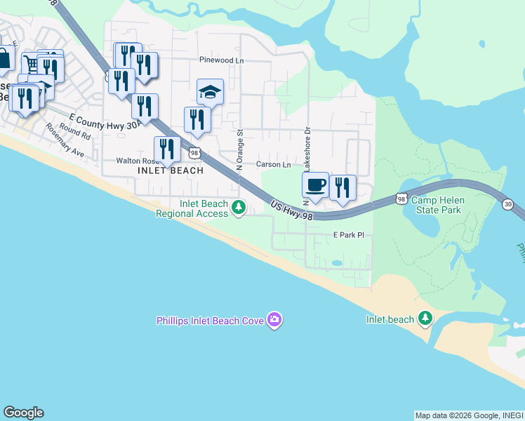 map of restaurants, bars, coffee shops, grocery stores, and more near 220 West Park Place Avenue in Walton County