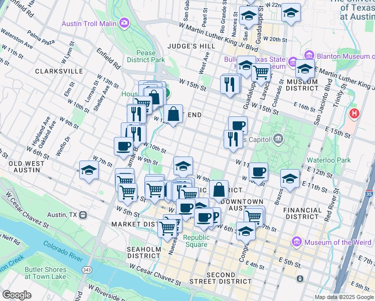 map of restaurants, bars, coffee shops, grocery stores, and more near 608 West 11th Street in Austin