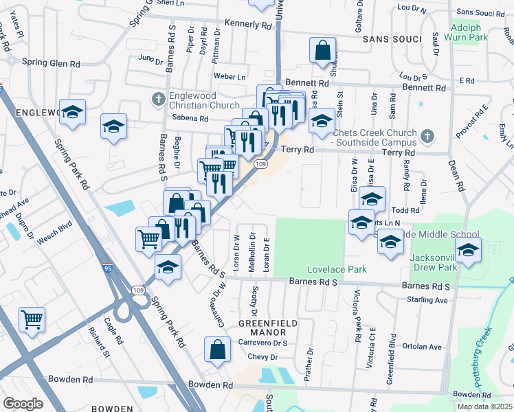 map of restaurants, bars, coffee shops, grocery stores, and more near 5846 Mt Carmel Terrace in Jacksonville