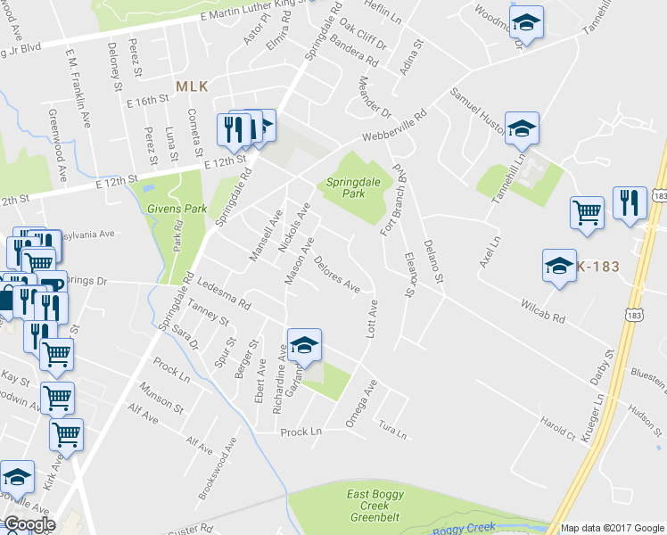 map of restaurants, bars, coffee shops, grocery stores, and more near 5106 Delores Avenue in Austin