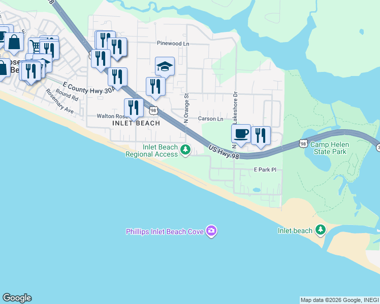 map of restaurants, bars, coffee shops, grocery stores, and more near 110 South Orange Street in Walton County