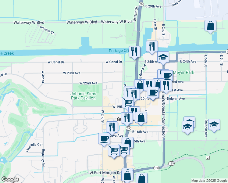 map of restaurants, bars, coffee shops, grocery stores, and more near 2149 West 1st Street in Gulf Shores