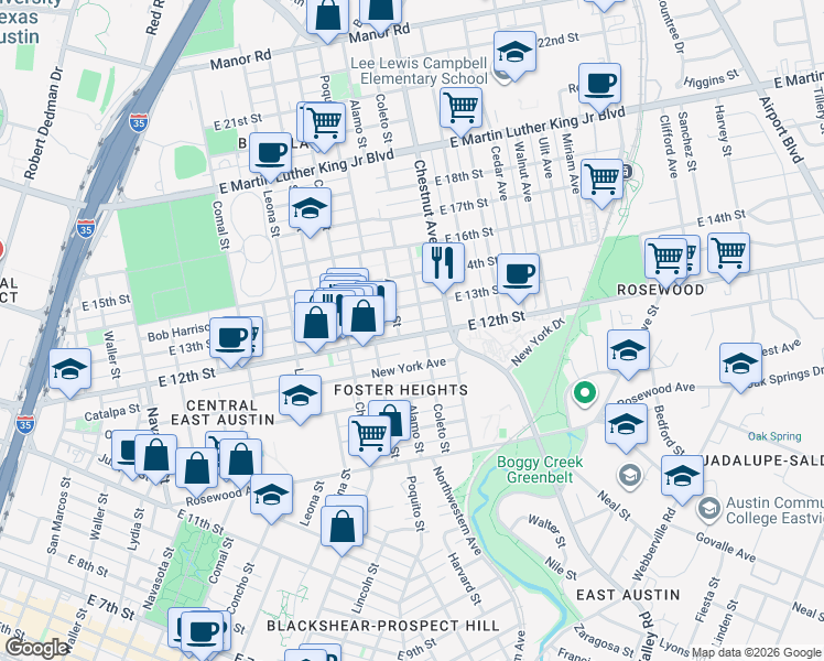 map of restaurants, bars, coffee shops, grocery stores, and more near 2106 East 12th Street in Austin