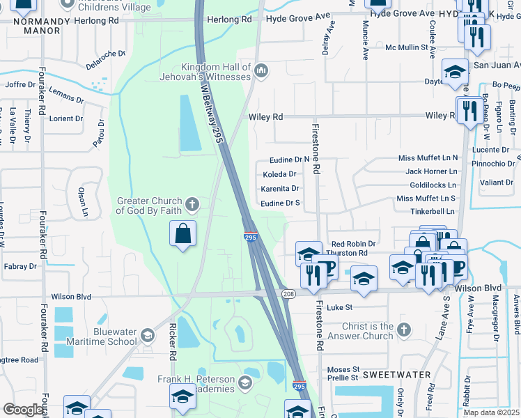 map of restaurants, bars, coffee shops, grocery stores, and more near 7264 Eudine Drive North in Jacksonville