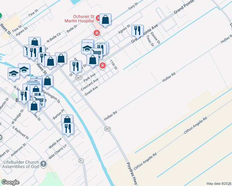map of restaurants, bars, coffee shops, grocery stores, and more near 975 Hollier Road in Breaux Bridge