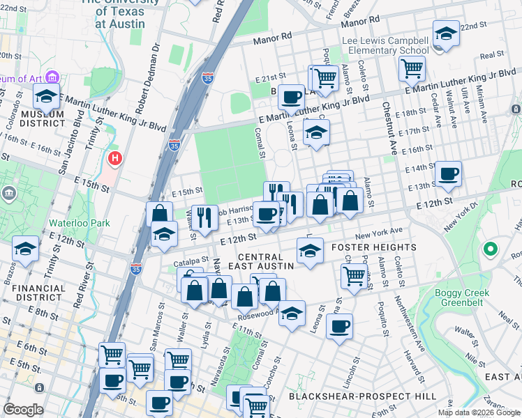 map of restaurants, bars, coffee shops, grocery stores, and more near 1402 Bob Harrison Street in Austin