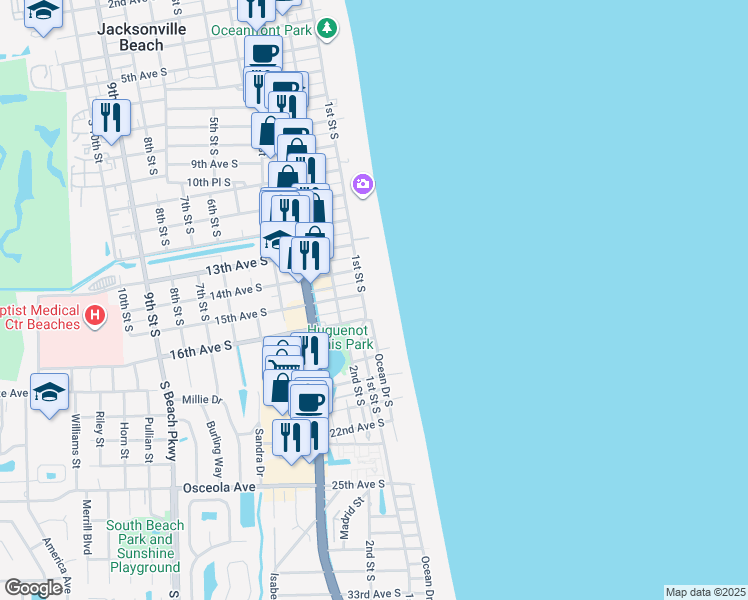 map of restaurants, bars, coffee shops, grocery stores, and more near 1505 1st Street South in Jacksonville Beach