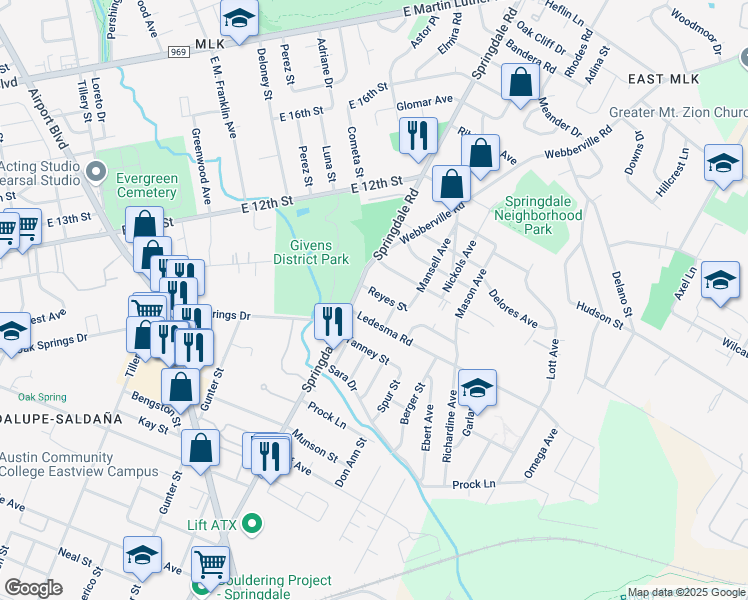 map of restaurants, bars, coffee shops, grocery stores, and more near 4607 Reyes Street in Austin