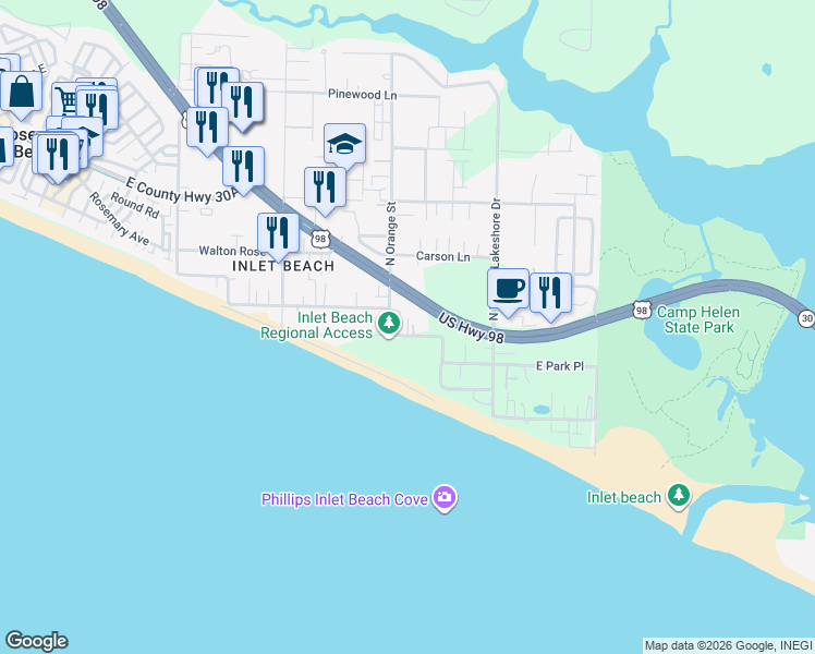map of restaurants, bars, coffee shops, grocery stores, and more near 220 West Park Place Avenue in Walton County