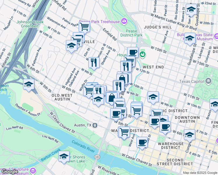 map of restaurants, bars, coffee shops, grocery stores, and more near 1111 West 9th Street in Austin