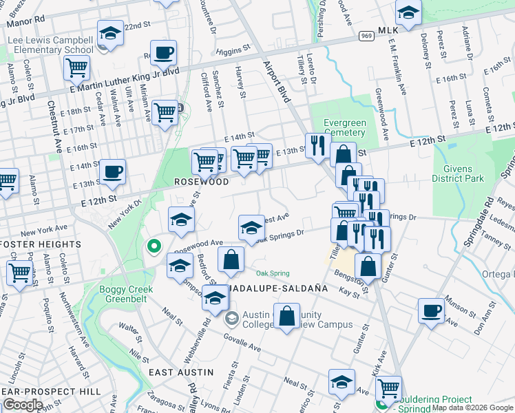 map of restaurants, bars, coffee shops, grocery stores, and more near 1183 Ridgeway Drive in Austin