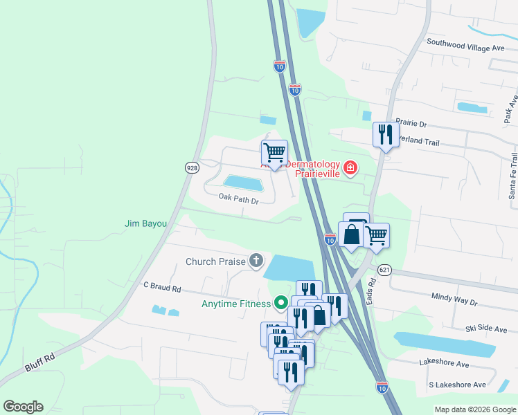 map of restaurants, bars, coffee shops, grocery stores, and more near 14500 Oak Path Drive in Prairieville