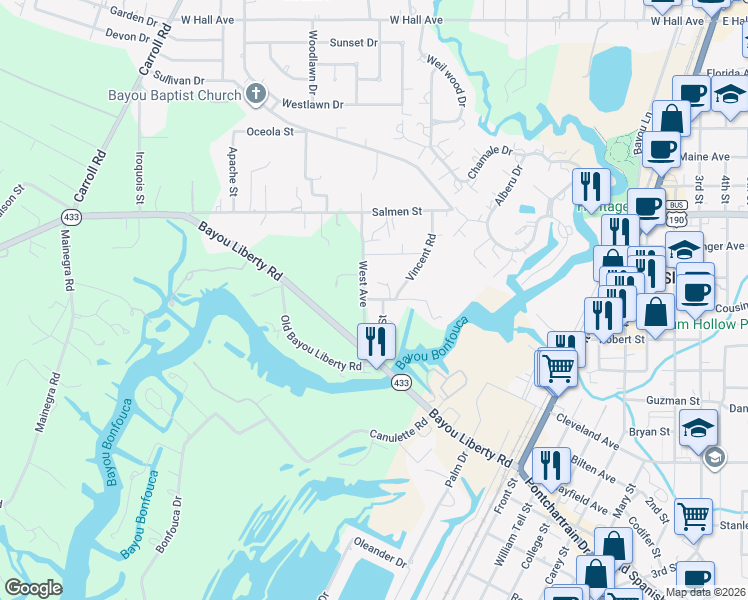 map of restaurants, bars, coffee shops, grocery stores, and more near 58070 West Street in Slidell