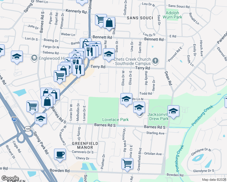 map of restaurants, bars, coffee shops, grocery stores, and more near 2828 Adele Road in Jacksonville