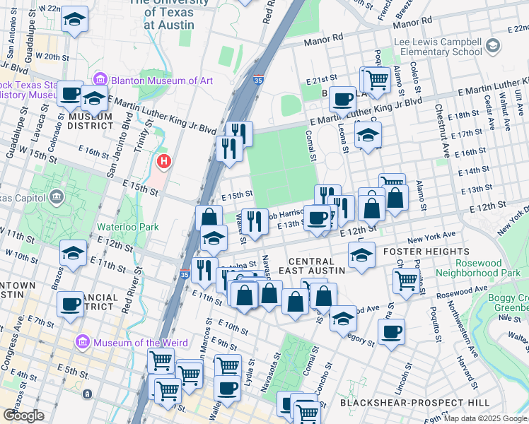 map of restaurants, bars, coffee shops, grocery stores, and more near 1204 Bob Harrison Street in Austin