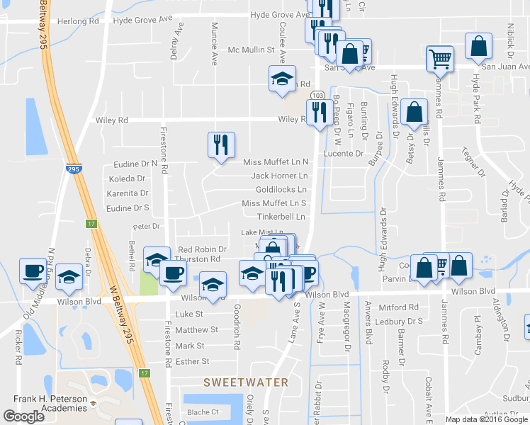 map of restaurants, bars, coffee shops, grocery stores, and more near 6851 Tinkerbell Lane in Jacksonville