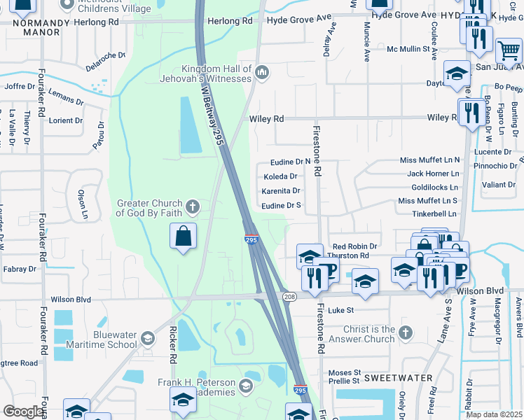 map of restaurants, bars, coffee shops, grocery stores, and more near 7264 Eudine Drive North in Jacksonville
