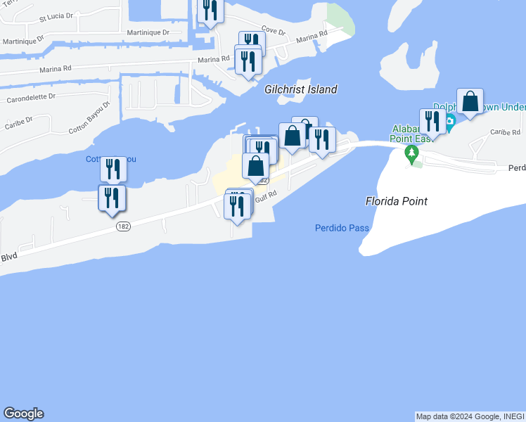 map of restaurants, bars, coffee shops, grocery stores, and more near 27284 Gulf Road in Orange Beach