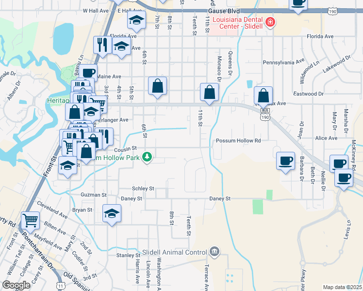 map of restaurants, bars, coffee shops, grocery stores, and more near 1124 Cousin Street in Slidell
