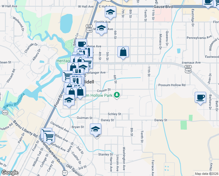 map of restaurants, bars, coffee shops, grocery stores, and more near 720 Cousin Street in Slidell