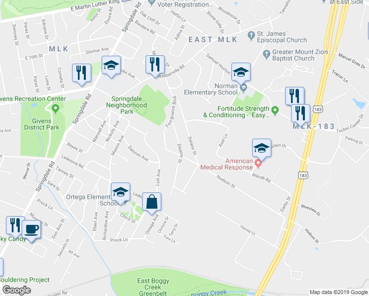 map of restaurants, bars, coffee shops, grocery stores, and more near 1216 Delano Street in Austin