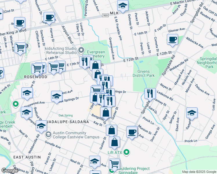 map of restaurants, bars, coffee shops, grocery stores, and more near 3312 Oak Springs Drive in Austin