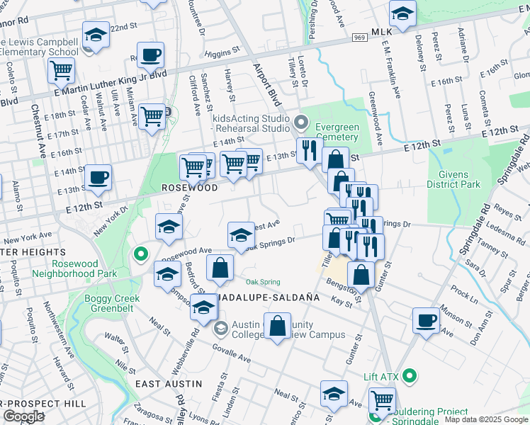 map of restaurants, bars, coffee shops, grocery stores, and more near 1177 Oak Grove Avenue in Austin